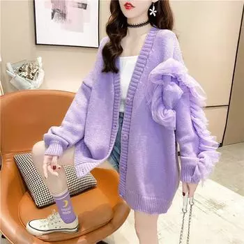 Свитер-кардиган, женский свободный зарубежный осенне-зимний 2022, универсальный однотонный повседневный вязаный кардиган с длинными рукавами и v-образным вырезом