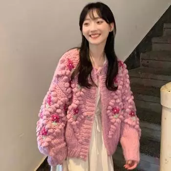 Свитер-кардиган женский весна-осень 2022 тяжелая промышленность вязаный крючком ниша розовый вязаный кардиган женский One Size бежевый