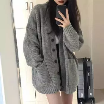 Свитер кардиган женский вязаный жакет осень и зима студенческий стиль свободный воротник универсальный однотонный цвет One Size серый