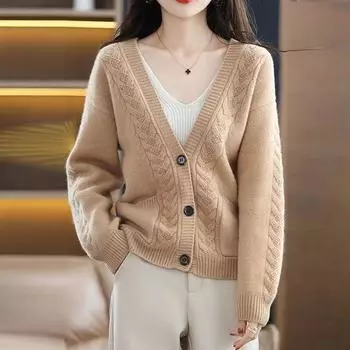 Свитер, кашемировый кардиган, женский 2023, зимний однотонный свободный свитер с v-образным вырезом и длинными рукавами, наружный слой, вязаный свитер, кардиган, женские топы