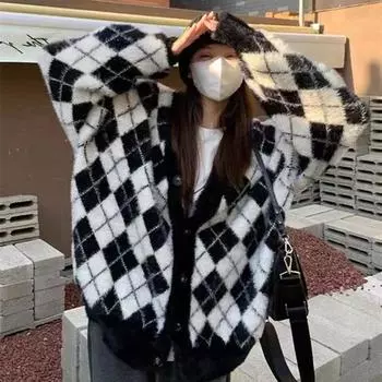 Свитер-куртка Diamond, женская, осень и зима, свободный, повседневный, ленивый, ветровой свитер, вязаный кардиган, прилив, удобный, универсальный и модный One size