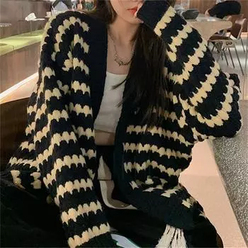 Свитер куртка женская мода дизайн чувство весна и осень V-образный вырез новый ленивый ретро Гонконгский стиль шикарный вязаный кардиган One Size