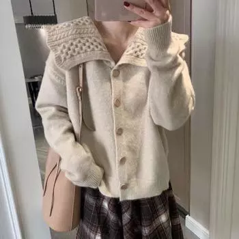 Свитер куртка женская осень и зима кукольный лацкан свободный ленивый темно-синий ветер универсальный снаружи вязаный кардиган удобный универсальный модный One size красный