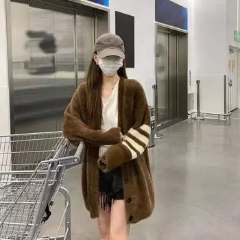 Свитер-куртка, женская осенне-зимняя полосатая свободная ленивая модель с V-образным вырезом, трикотажный кардиган средней длины для верхней одежды one size чёрный