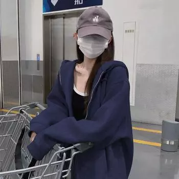 Свитер куртка женская весенне-осенняя кардиган на молнии с капюшоном утолщенная осенне-зимняя свободная темно-синяя верхняя часть M