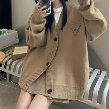 Свитер Lazy Wind, куртка, осенне-зимний дизайн, чувство чистого цвета, свободный воротник, однобортный вязаный кардиган для женщин One size серый