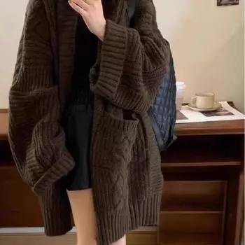 Свитер Ленивый Ветер Новый Год Свободный Вязаный Свитер Кардиган Женская Куртка Средней и Длины Утолщенный Осенне-Зимний Внешний Вид one size fits all абрикосовый