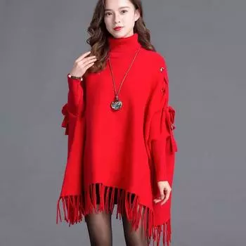 Свитер «летучая мышь», пуловер, женский свитер средней длины, весна и осень 2022, свободный плащ, шаль с кисточками, однотонный свитер с длинными рукавами, пальто One Size чёрный
