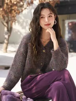 Свитер Mishow для женщин, новинка 2024 года, серый винтажный свободный кардиган с v-образным вырезом, повседневный универсальный вязаный кардиган с длинными рукавами MXC57Z0359