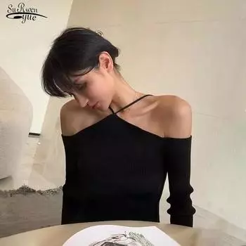 Свитер Mujer 2022, сексуальный тонкий вязаный свитер с открытыми плечами, осенний женский винтажный белый черный топ с длинными рукавами 21626 OneSize чёрный