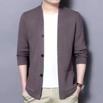 Свитер мужской кардиган модный облегающий однотонный трикотажный жакет мужской новый карманный повседневный красивый нитяной пиджак верхняя одежда M