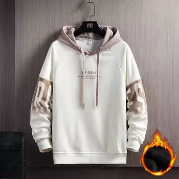 Свитер мужской осенне-зимний с капюшоном, свободный пуловер с буквенным принтом, корейский модный повседневный плюс бархатный с длинными рукавами XXXL белый