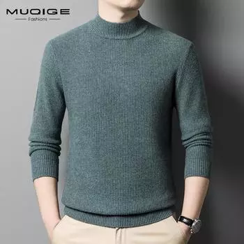 Свитер мужской осенне-зимний шерстяной свитер с полувысоким воротником для делового отдыха, утепленный теплый свитер с иглами, нижний верх 165 зелёный