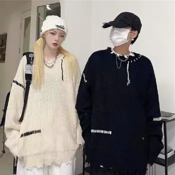 Свитер мужской осенний в стиле ленивый рваный пуловер вязаный жакет свободный дизайн топ с длинными рукавами модный M