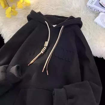 Свитер мужской плюс бархатный утолщенный осень и зима модный свободный с капюшоном большой размер топ Ins XXXL чёрный