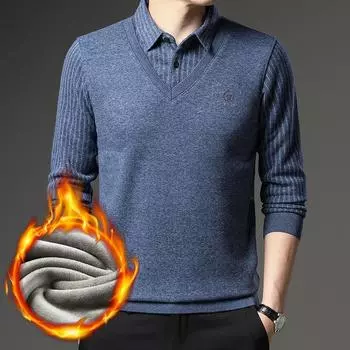 Свитер мужской с флисом и толстыми лацканами Поддельные два новых зимних кардигана в полоску для папы M