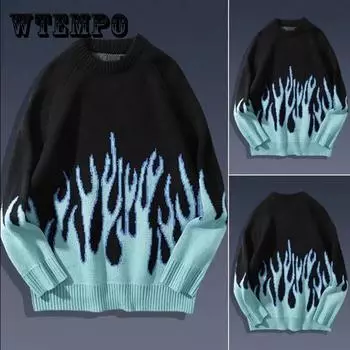 Свитер мужской уличной одежды в стиле ретро с пламенным узором в стиле хип-хоп, осенний новый пуловер из спандекса с круглым вырезом, оверсайз, повседневные мужские свитера для пары 2XL