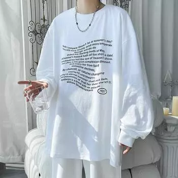 Свитер мужской весна и осень новый круглый вырез длинный рукав футболка с принтом простая нижняя рубашка мужская повседневная модная куртка мужская одежда M белый