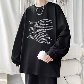 Свитер мужской весна и осень новый круглый вырез длинный рукав футболка с принтом простая нижняя рубашка мужская повседневная модная куртка мужская одежда 5XL чёрный