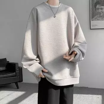 Свитер мужской весна и осень новый тренд подростковый круглый вырез свободная футболка с длинным рукавом нижняя рубашка мужская одежда M белый