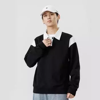Свитер мужской весна и осень новый трендовый бренд топ с лацканами одежда модный пуловер свободный однотонный поло с длинными рукавами M