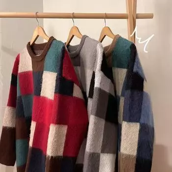 Свитер мужской зимний модный новый свободный ленивый свитер куртка японский ретро клетчатый контрастный цвет круглый вырез свитер M
