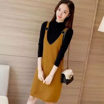 Свитер на бретелях, женское осенне-зимнее новое свободное платье, корейская версия, облегающий трикотажный топ средней длины, юбка-майка One Size жёлтый