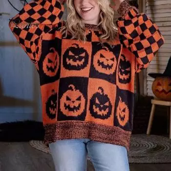 Свитер на Хэллоуин с рисунком призрака в клетку, тыквы, вязаные топы, свободный круглый вырез, длинный рукав, свитер, топы, трикотаж S оранжевый