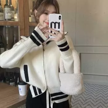 Свитер на молнии контрастного цвета, куртка-кардиган, женский осенне-зимний свободный дизайн, вязаный свитер для небольшой группы, женский кардиган One Size розовый