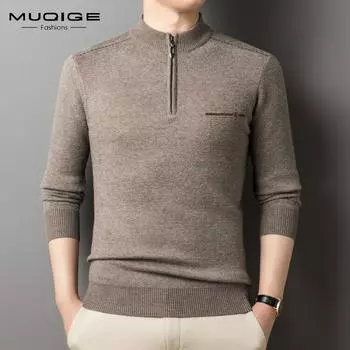 Свитер на молнии с полувысоким воротником, мужской зимний утолщенный теплый свитер для отца, мужская однотонная шерстяная трикотажная рубашка среднего возраста 165
