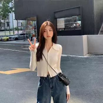 Свитер на молнии, вязаный кардиган для женщин, осень и зима 2023, повседневный однотонный женский кардиган с воротником-поло и длинными рукавами One Size чёрный