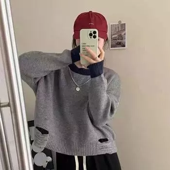 Свитер на подкладке из трикотажа с рваными отверстиями. Цветной свитер для женщин. Весна и осень 2023. Свободный пуловер с круглым вырезом и длинными рукавами. One Size чёрный