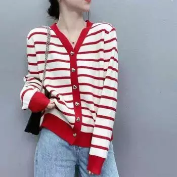 Свитер на пуговицах, розовый вязаный кардиган для женщин, весна 2022, новинка, v-образный вырез, цвет, контрастная полоска, кардиган с длинными рукавами, женский свитер