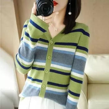 Свитер на весну и осень, полосатый шерстяной кардиган, женская верхняя одежда, трикотаж, свитер контрастного цвета с длинными рукавами, кардиган с v-образным вырезом