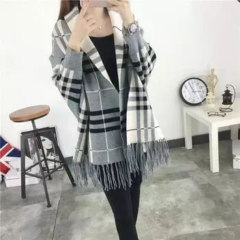 Свитер новый женский плащ свободный клетчатый толстый теплый классический верхний наряд вязаная летучая мышь рубашка с кисточками шаль жакет one size красный