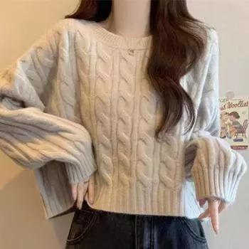 Свитер осень и зима Fried Dough Twists свободный пуловер новый низ верх трикотаж маленький Женщины one size белый