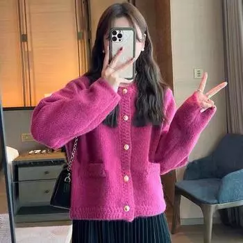 Свитер осень/зима вязаный кардиган женская осенняя верхняя одежда однотонный свитер с длинными рукавами в нежном стиле пальто свитер кардиган топ