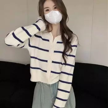 Свитер осенне-зимний вязаный кардиган в полоску для женщин 2023 винтажный вязаный кардиган с короткими рукавами и длинными рукавами с круглым вырезом женский One Size синий