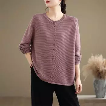 Свитер Осенний кардиган Женские однотонные свитера Вязание O-образным вырезом Повседневная куртка Топы свитер One size розовый