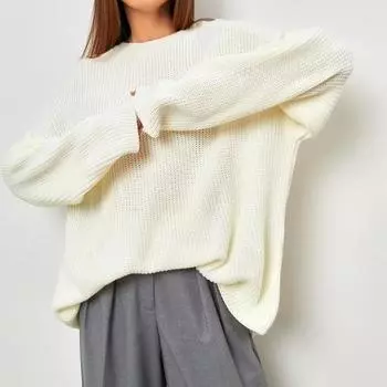 Свитер оверсайз, длинный теплый вязаный свитер с круглым вырезом, повседневный свитер с длинным рукавом и круглым вырезом S чёрный