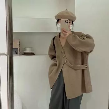 Свитер, пальто, кардиган, женский осенний вязаный свитер, свободный и ленивый ветер, косая пуговица, пальто с v-образным вырезом One Size небесно-голубой