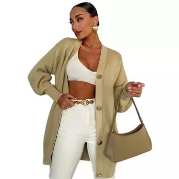 Свитер пальто женский однотонный повседневный кардиган свободный вязаный кардиган на пуговицах удобный универсальный и модный S