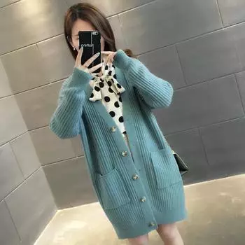 Свитер-пальто женский осенне-зимний вязаный кардиган свободного кроя средней длины в корейском стиле XXXL чёрный