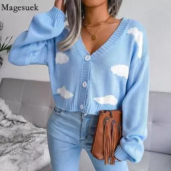 Свитер Preppy Cloud Harajuku, модный укороченный топ с v-образным вырезом и длинными рукавами, кардиган, вязаные корейские свитера, женские Ropa Mujer 18115 S зелёный