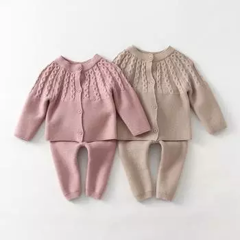 Свитер принцессы для маленьких девочек, комплект из 2 предметов, милый вязаный топ с длинными рукавами и пуговицами + брюки, весенняя одежда для маленьких девочек 66
