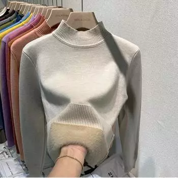 Свитер-пуловер из бархата с полувысоким воротом для женщин, осенне-зимний, толстый, плюшевый, теплый, вязаный, женский, винтажный, облегающий, повседневный, вязаный джемпер 25271 One Size чёрный