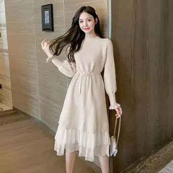 Свитер, пуловер, осень 2023, новый свитер, женское платье с длинными рукавами, средней длины, сказочное сетчатое вязаное платье-свитер, женское One Size розовый