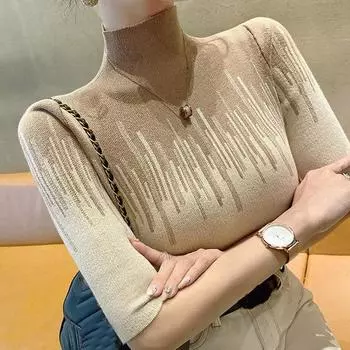 Свитер, пуловер, осенний вязаный женский короткий свитер с половиной рукавов на весну и осень, с высоким воротником