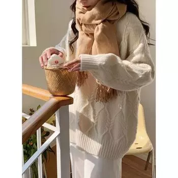 Свитер-пуловер с круглым вырезом в стиле ретро для женщин, корейский, осень и зима, новый свободный, молочный, мягкий, вощеный, однотонный вязаный свитер One size бежевый