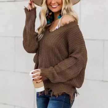 Свитер-пуловер с открытыми плечами и V-образным вырезом в европейско-американском стиле с кисточками XL розовый